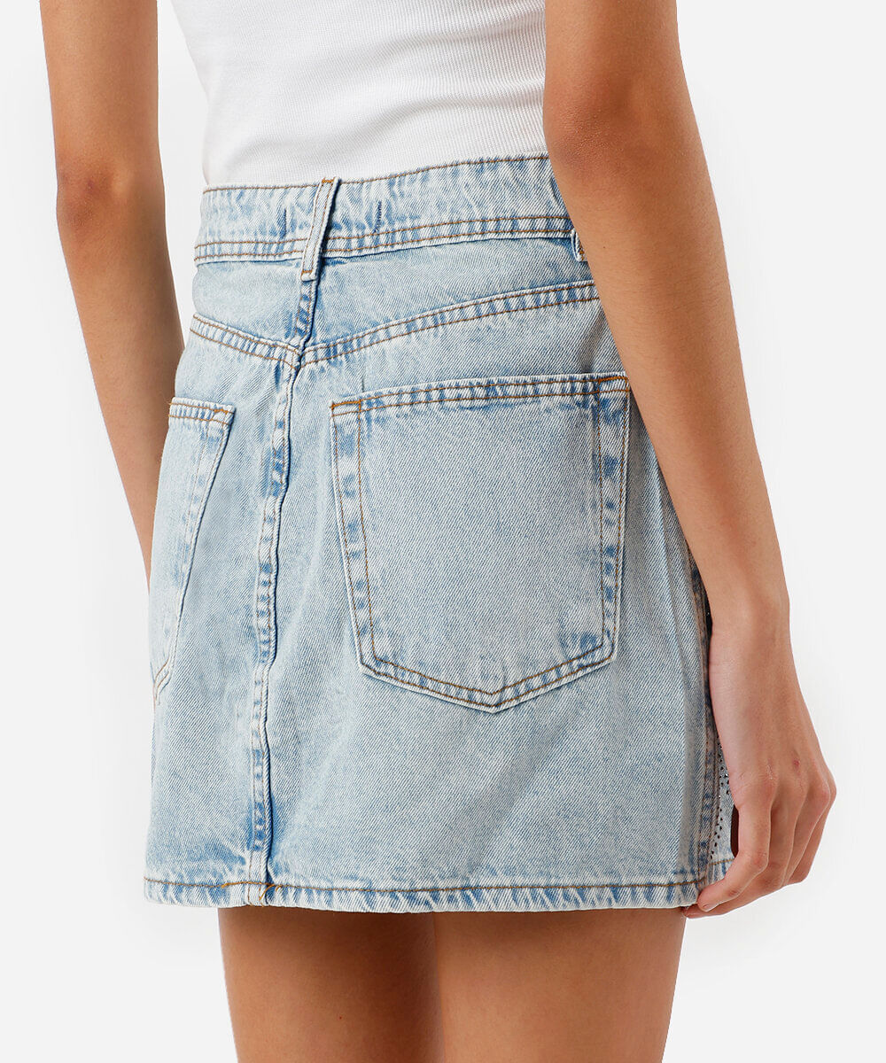 saia curta feminina jeans com brilhos azul