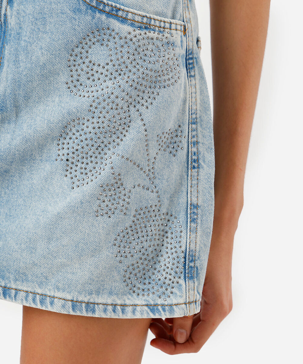 saia curta feminina jeans com brilhos azul