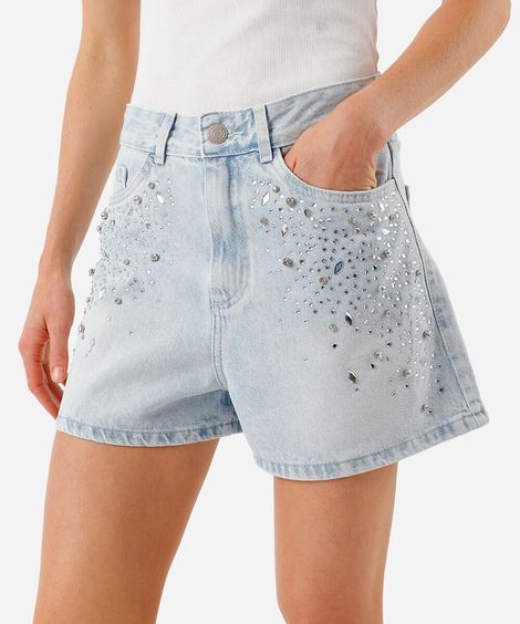 short mom feminino jeans com brilhos azul