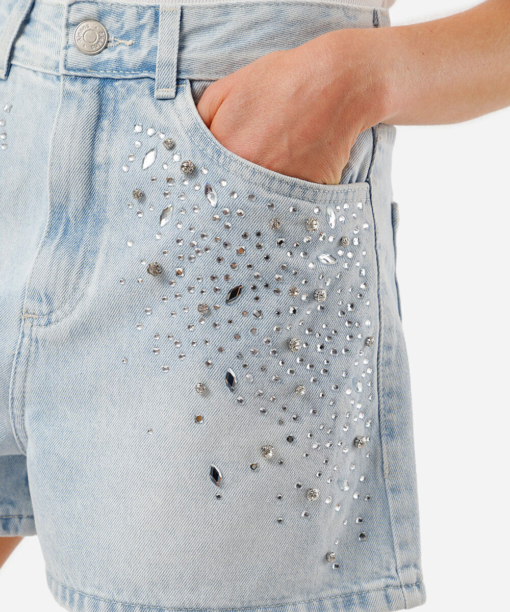 short mom feminino jeans com brilhos azul