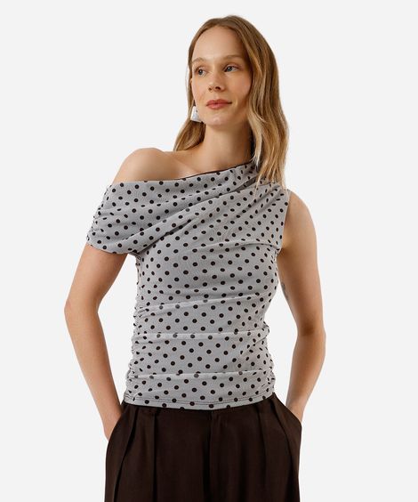 blusa assimétrica feminina de tule poá franzida off white