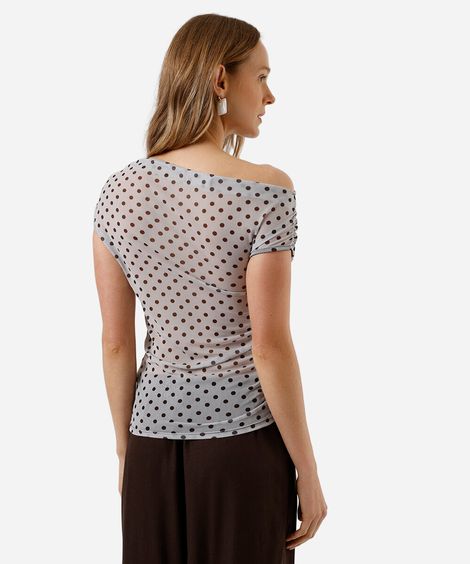 blusa assimétrica feminina de tule poá franzida off white
