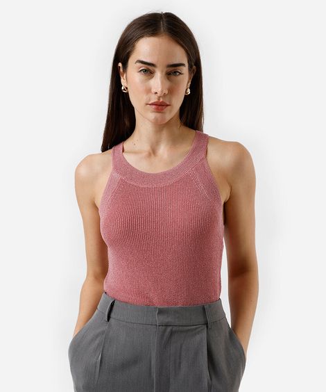 regata feminina de tricot halterneck metalizada rosa