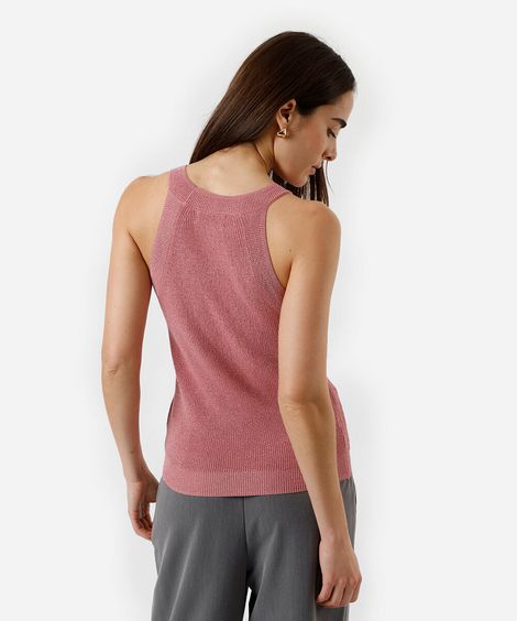 regata feminina de tricot halterneck metalizada rosa