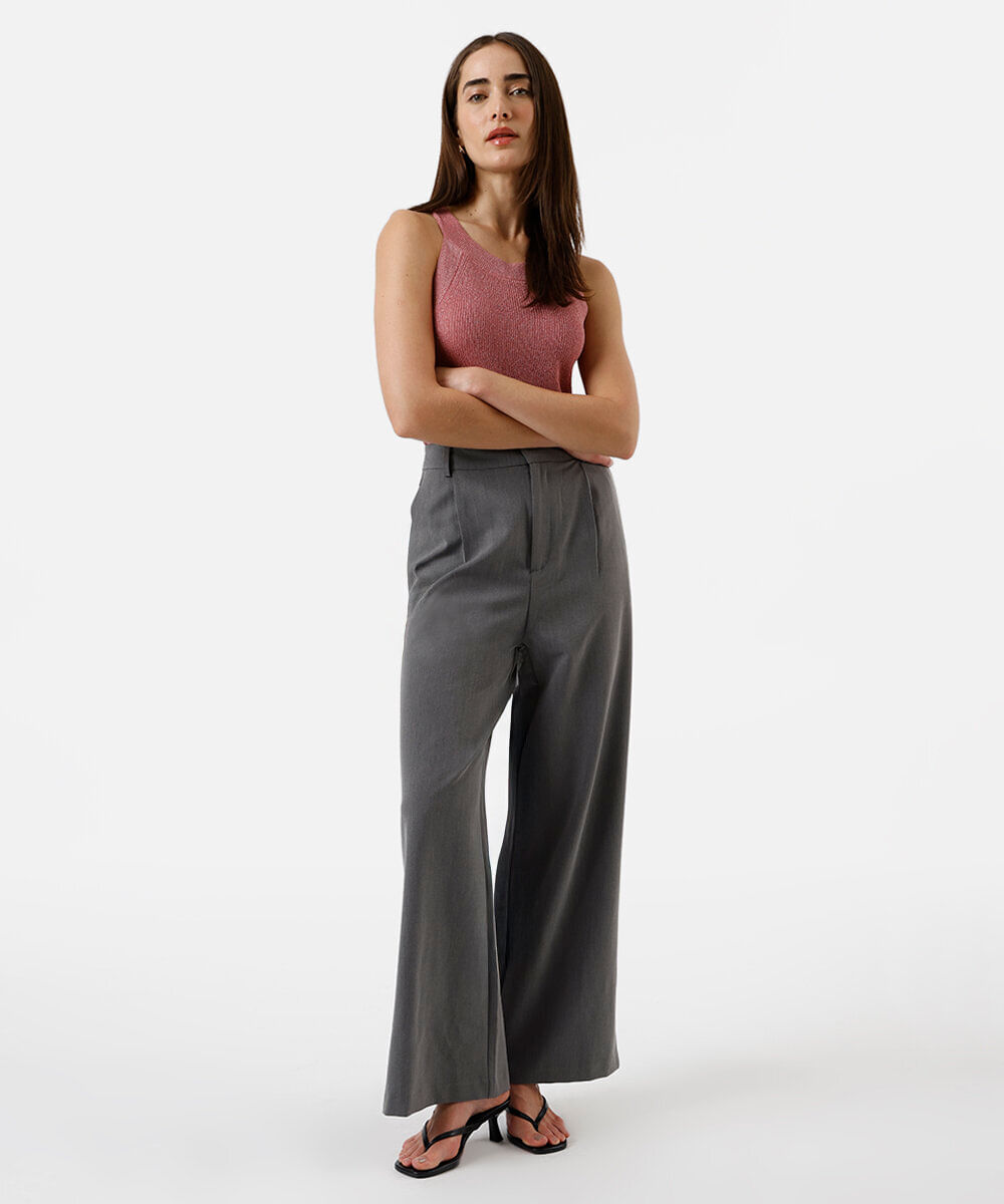 regata feminina de tricot halterneck metalizada rosa