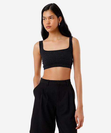top básico feminino com lurex decote quadrado preto
