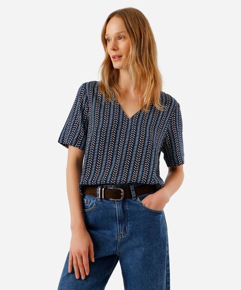 blusa feminina de viscose decote v étnica azul