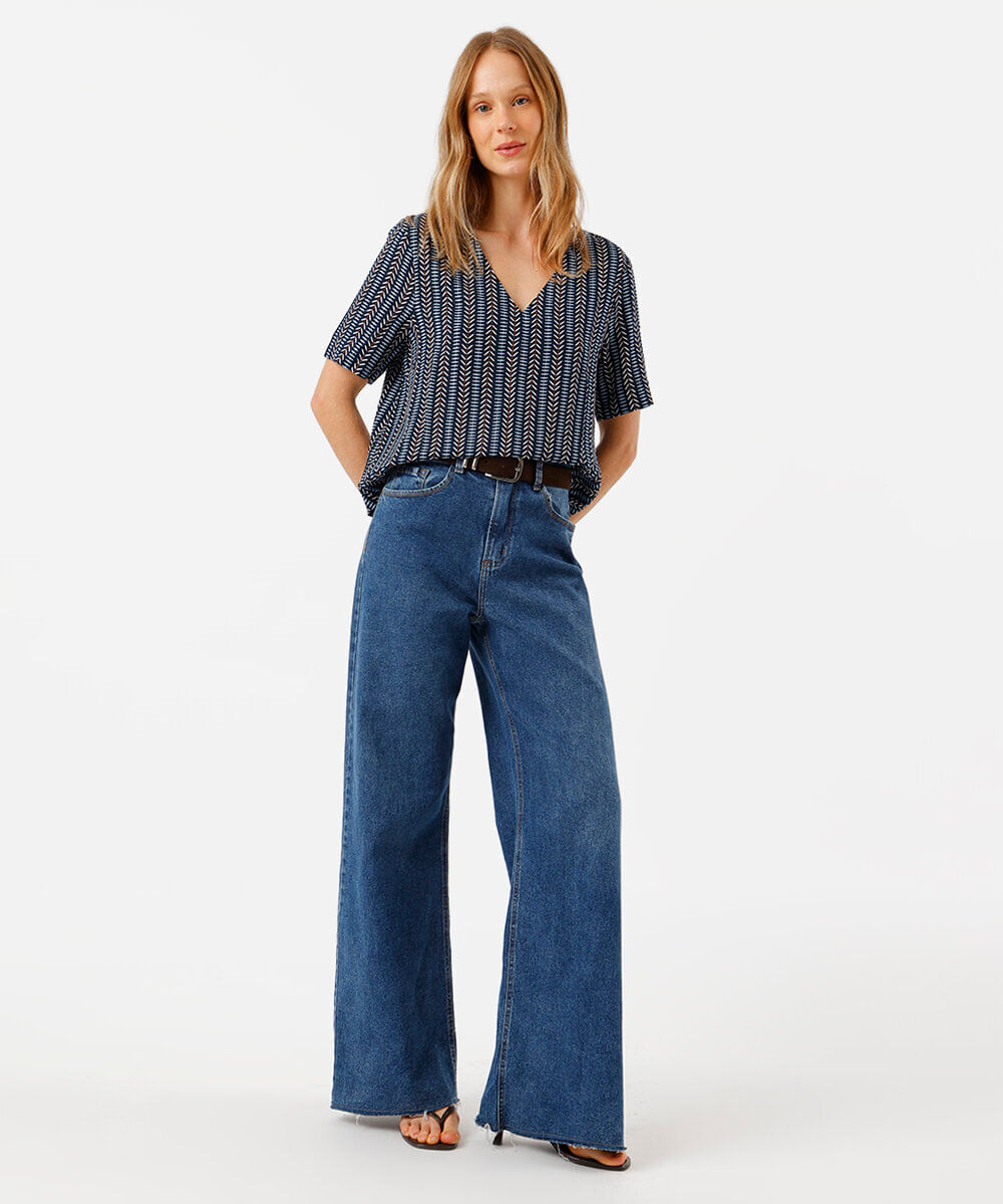 blusa feminina de viscose decote v étnica azul