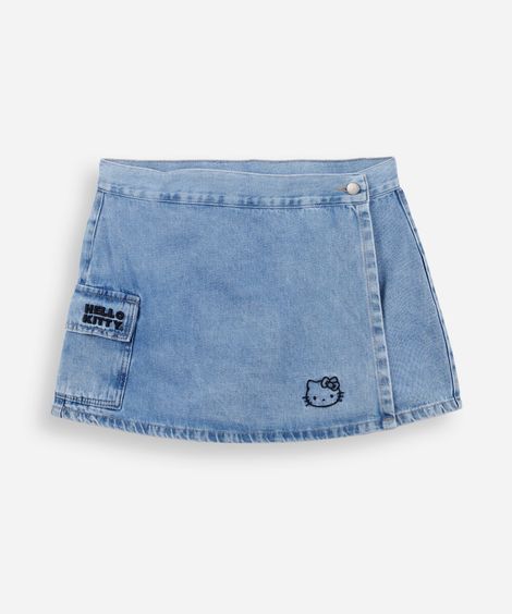 short saia infantil em jeans hello kitty azul