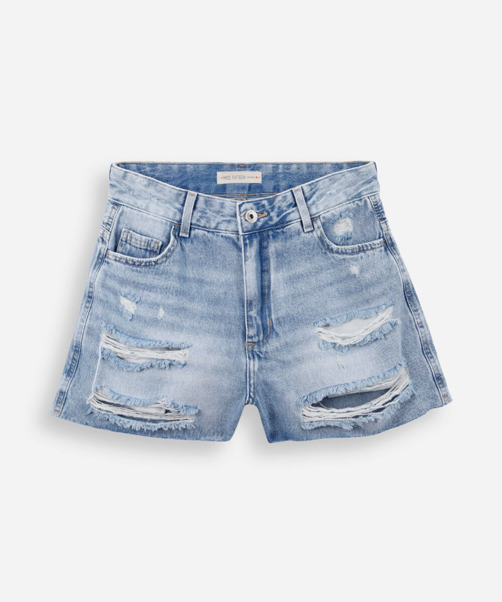 short mom juvenil em jeans destroyed azul