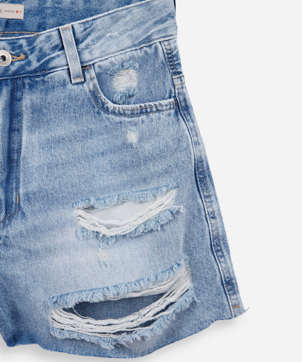 short mom juvenil em jeans destroyed azul