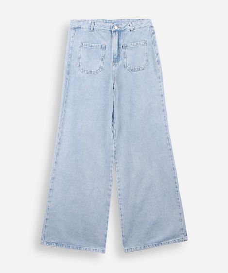 calça jeans wide leg juvenil com bolsos azul