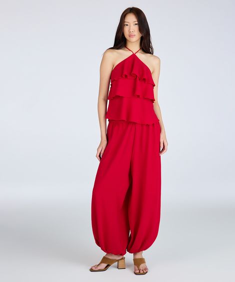 calça balloon feminina texturizada vermelha