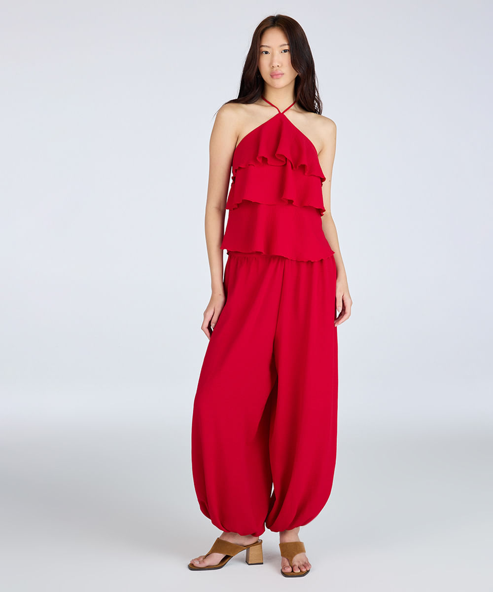 calça balloon feminina texturizada vermelha
