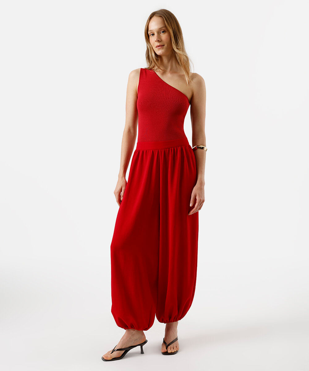 calça balloon feminina texturizada vermelha