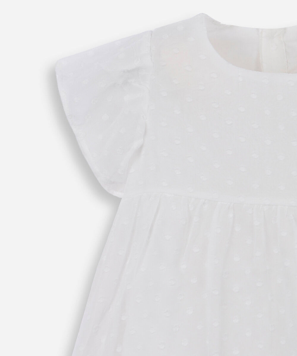 vestido infantil manga curta poá off white