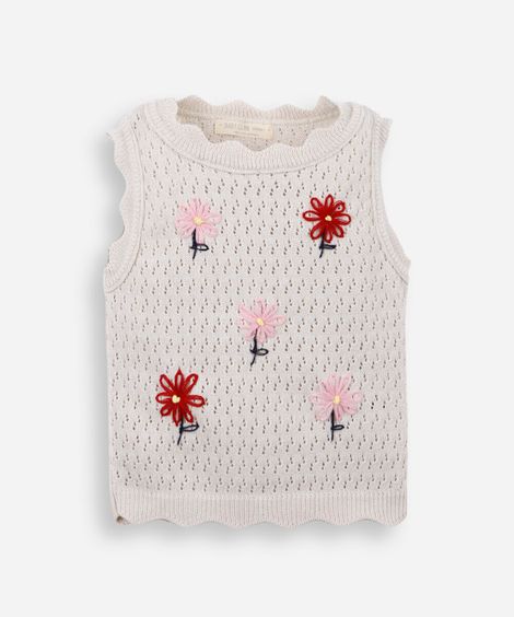 blusa infantil tricot flores bege