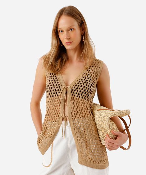 colete feminino de tricot com lurex e amarração  marrom