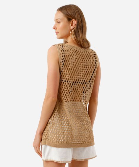 colete feminino de tricot com lurex e amarração  marrom