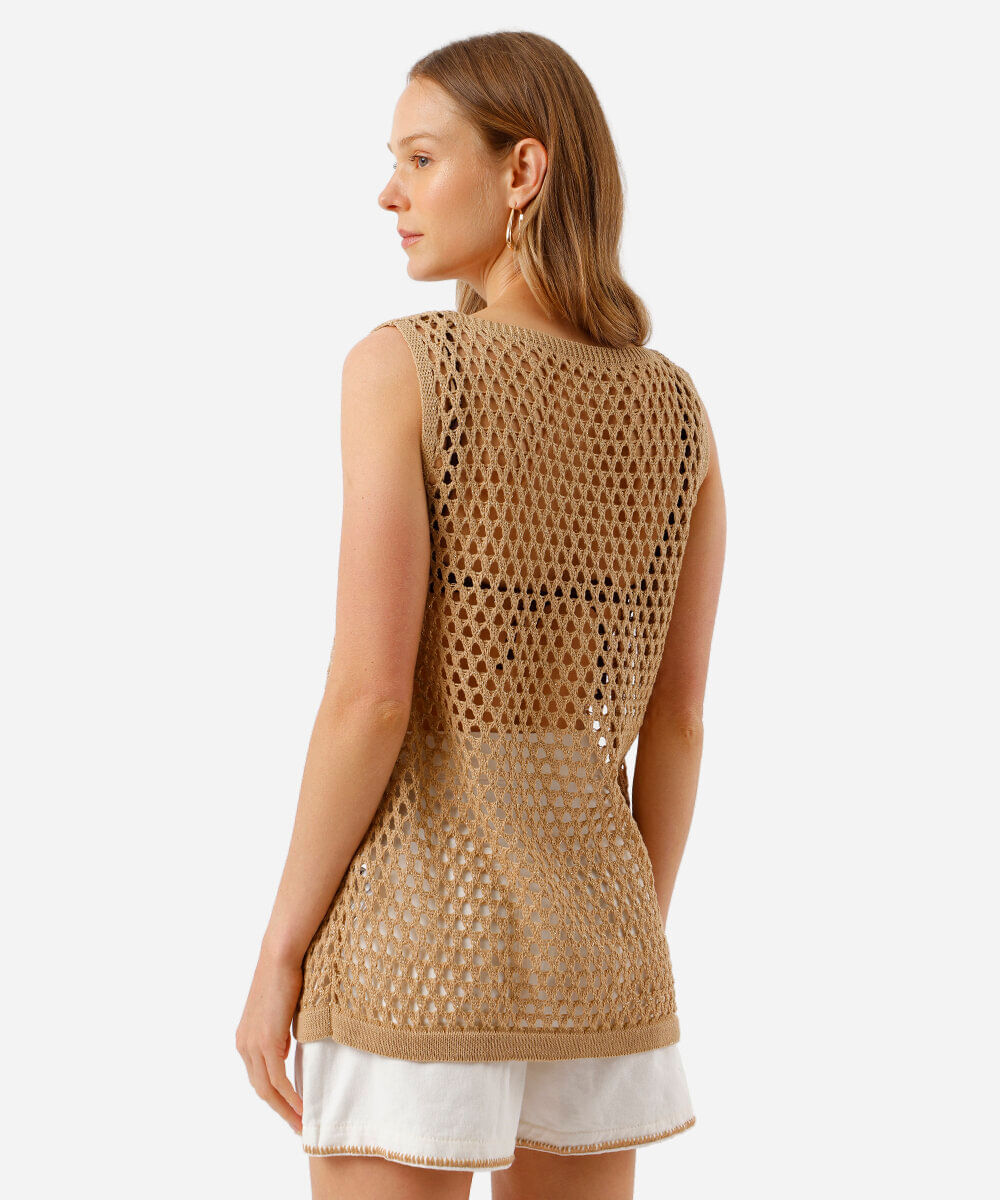 colete feminino de tricot com lurex e amarração  marrom