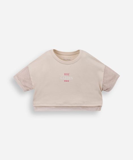 cropped infantil manga curta bege