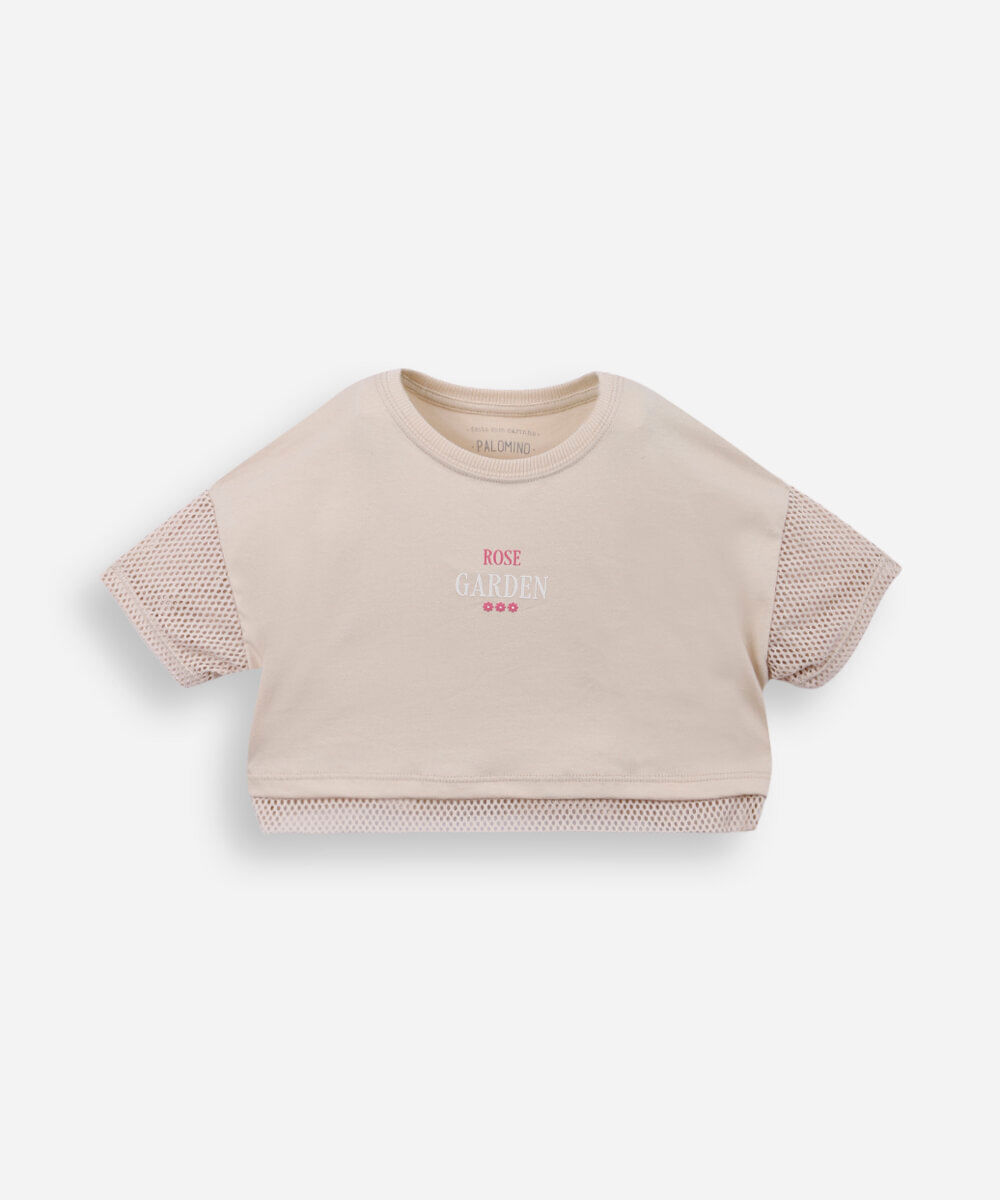 cropped infantil manga curta bege
