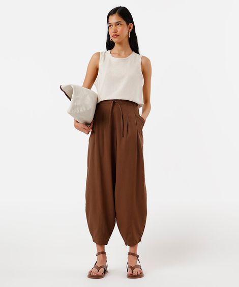 calça balloon feminina com linho e pregas cós elástico marrom
