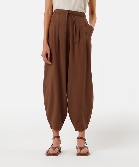 calça balloon feminina com linho e pregas cós elástico marrom