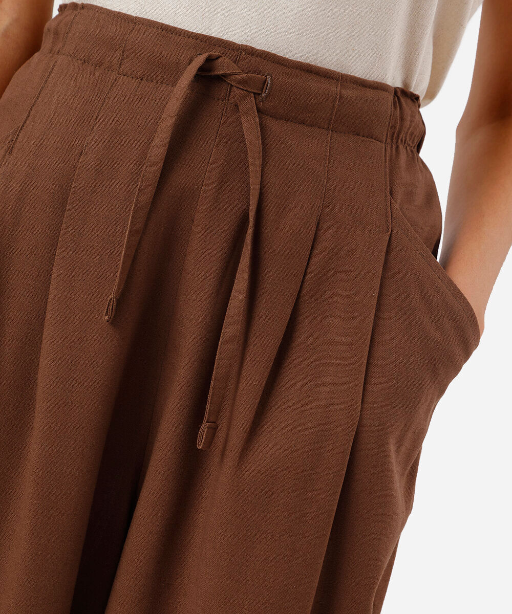 calça balloon feminina com linho e pregas cós elástico marrom