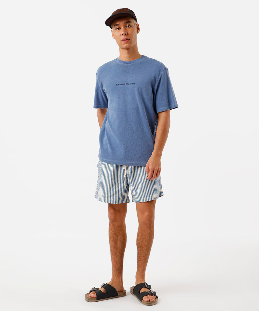 camiseta masculina de algodão estonada estampada azul