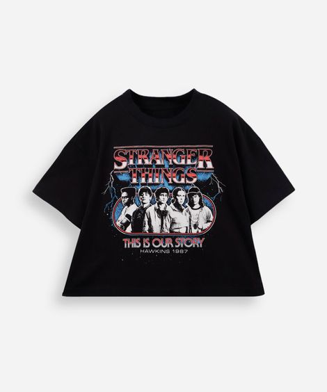cropped juvenil de algodão stranger things preto