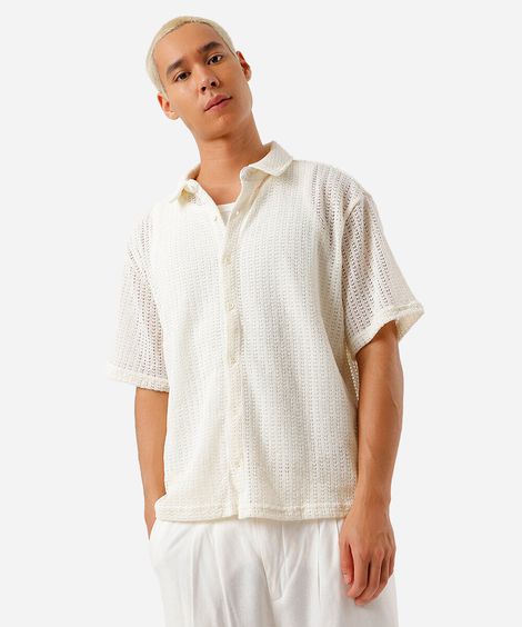 camisa box masculina de tricot texturizada off white