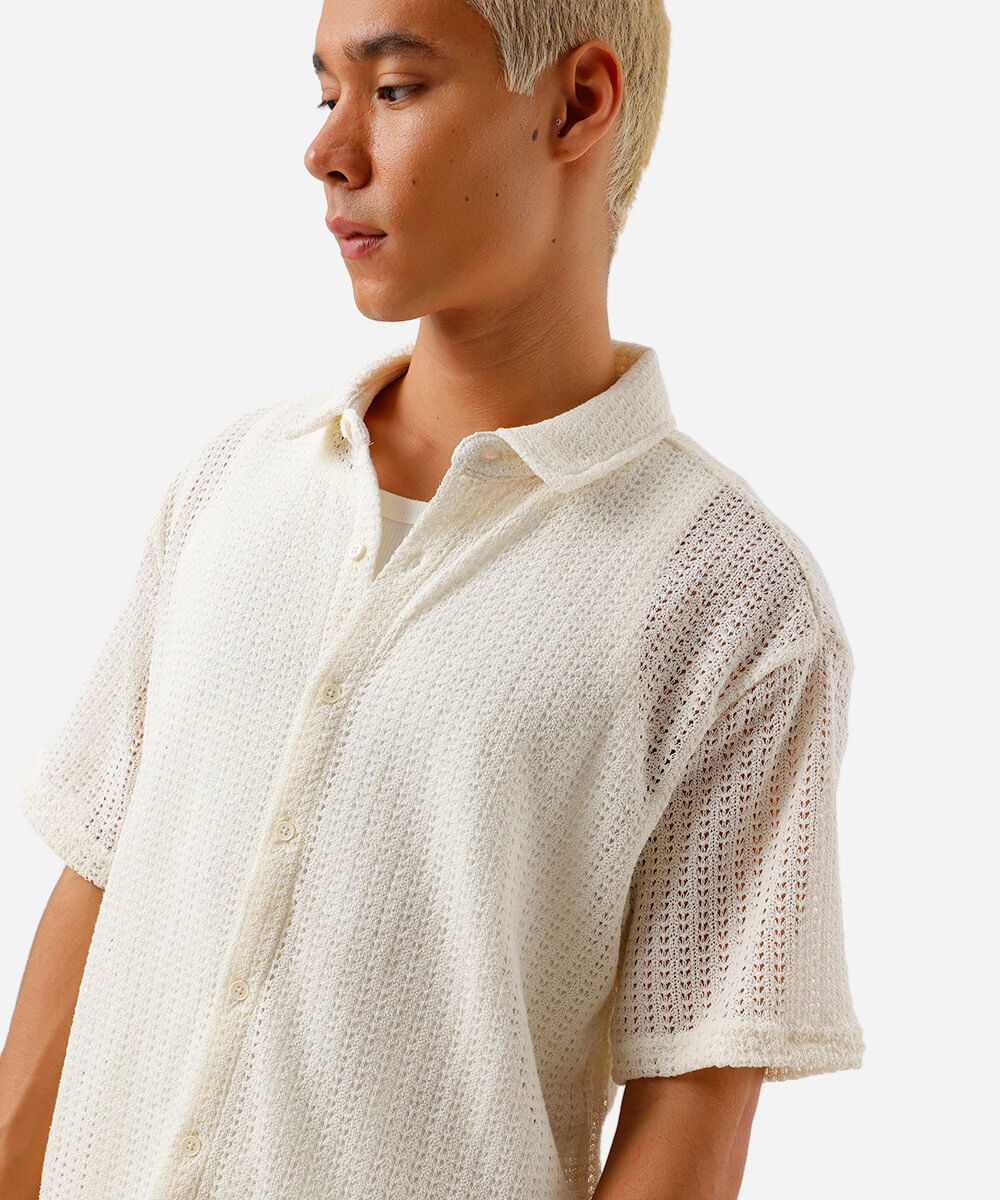 camisa box masculina de tricot texturizada off white