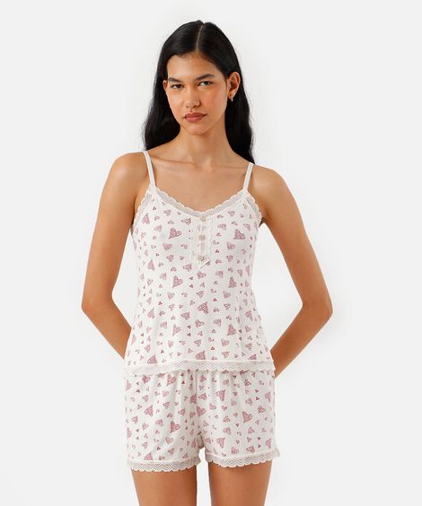 pijama short doll feminino corações off white