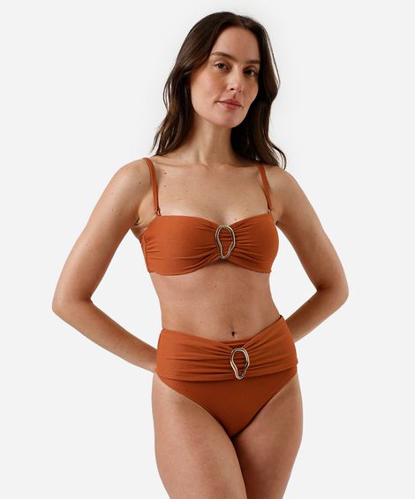 biquíni calcinha hot pant feminino franzido com fivela marrom