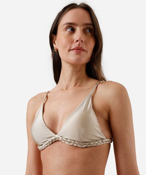 biquíni top triângulo feminino trançado acetinado bege