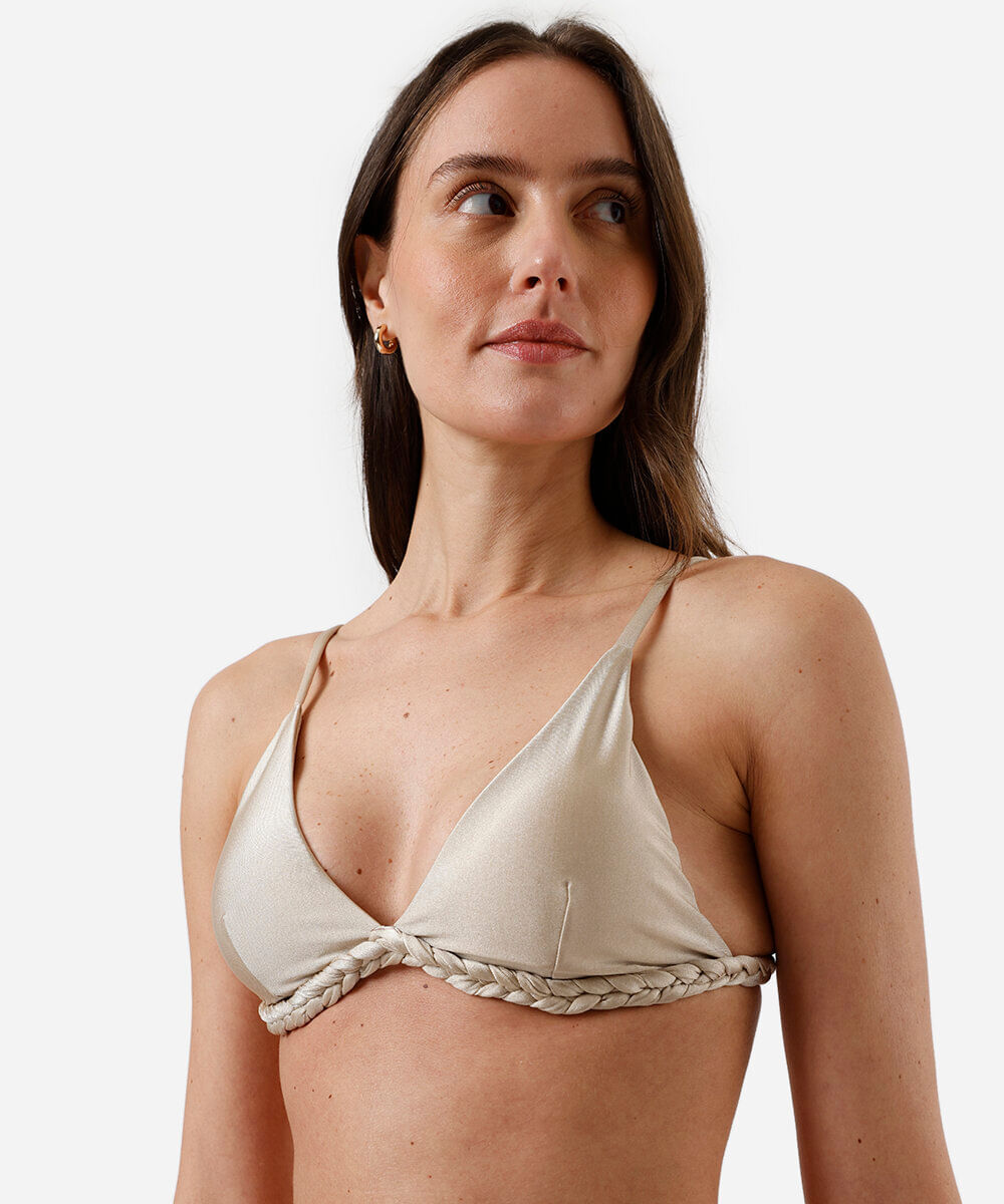 biquíni top triângulo feminino trançado acetinado bege
