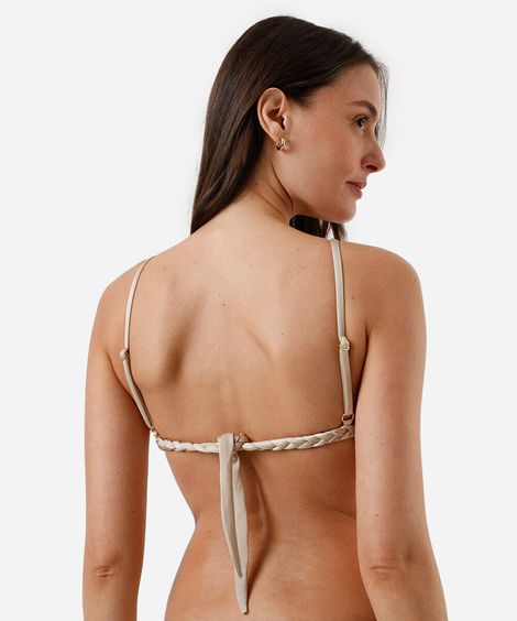 biquíni top triângulo feminino trançado acetinado bege
