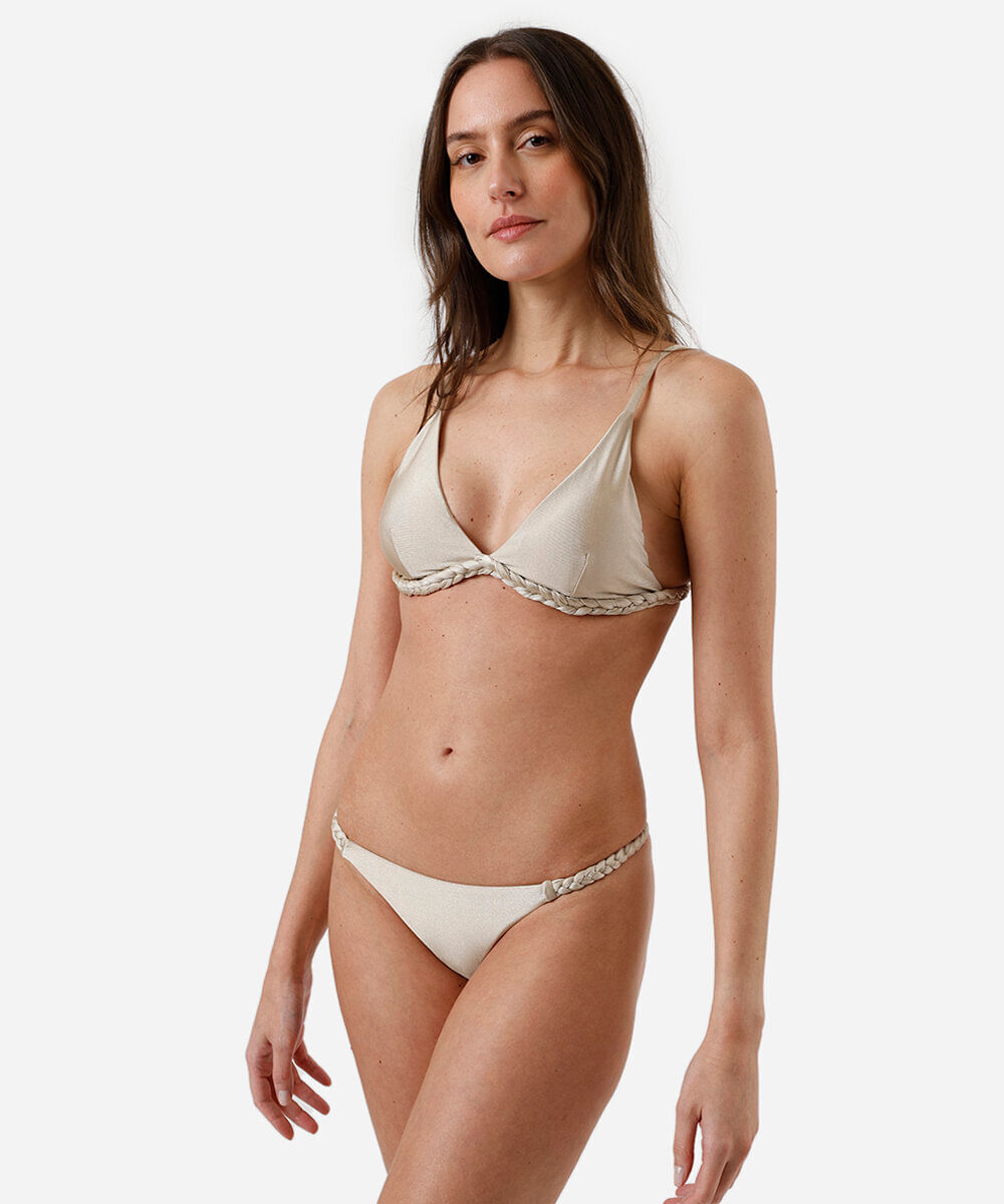 biquíni top triângulo feminino trançado acetinado bege