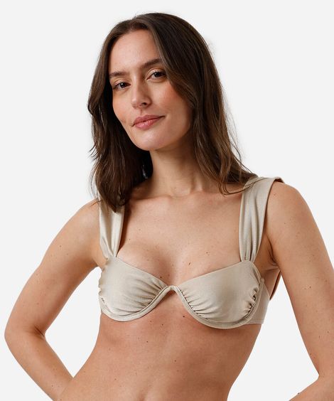 biquíni top meia taça feminino franzido acetinado bege