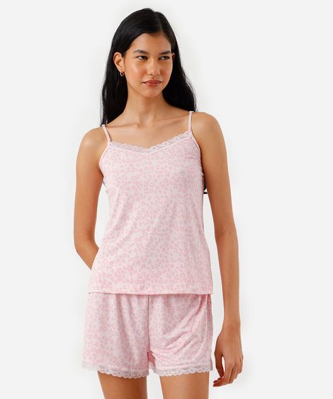 pijama short doll feminino animal print rosa