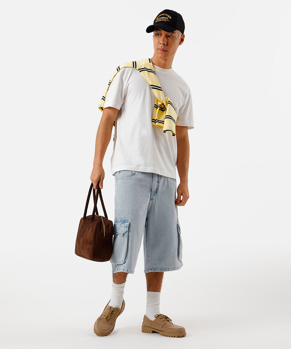 bermuda jeans cargo fit azul claro