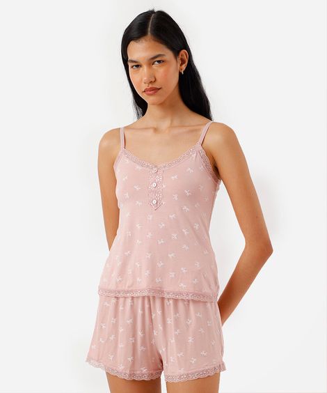 pijama short doll feminino em viscose com laços rosa