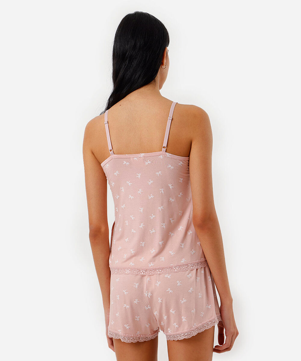 pijama short doll feminino em viscose com laços rosa