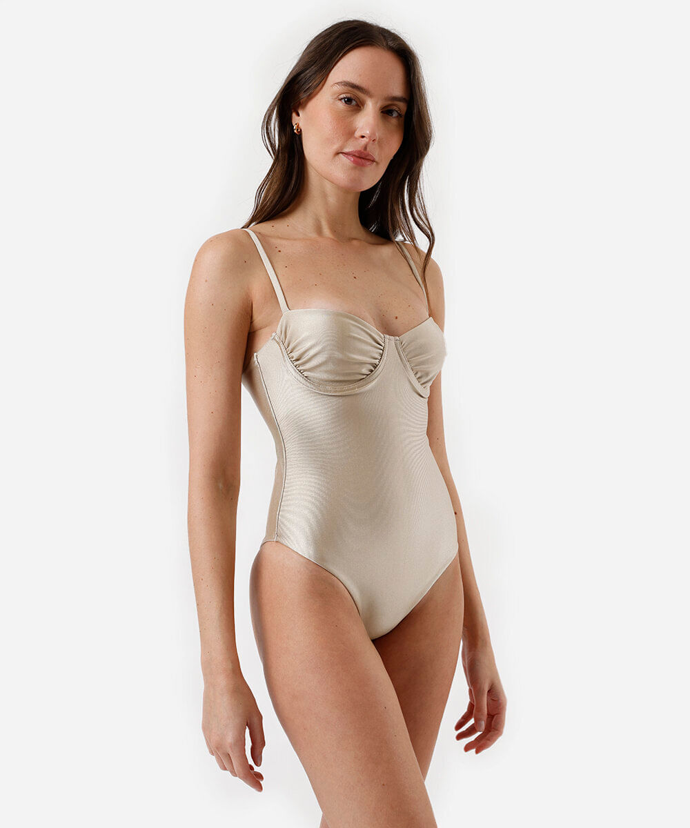 maiô meia taça feminino franzido acetinado bege