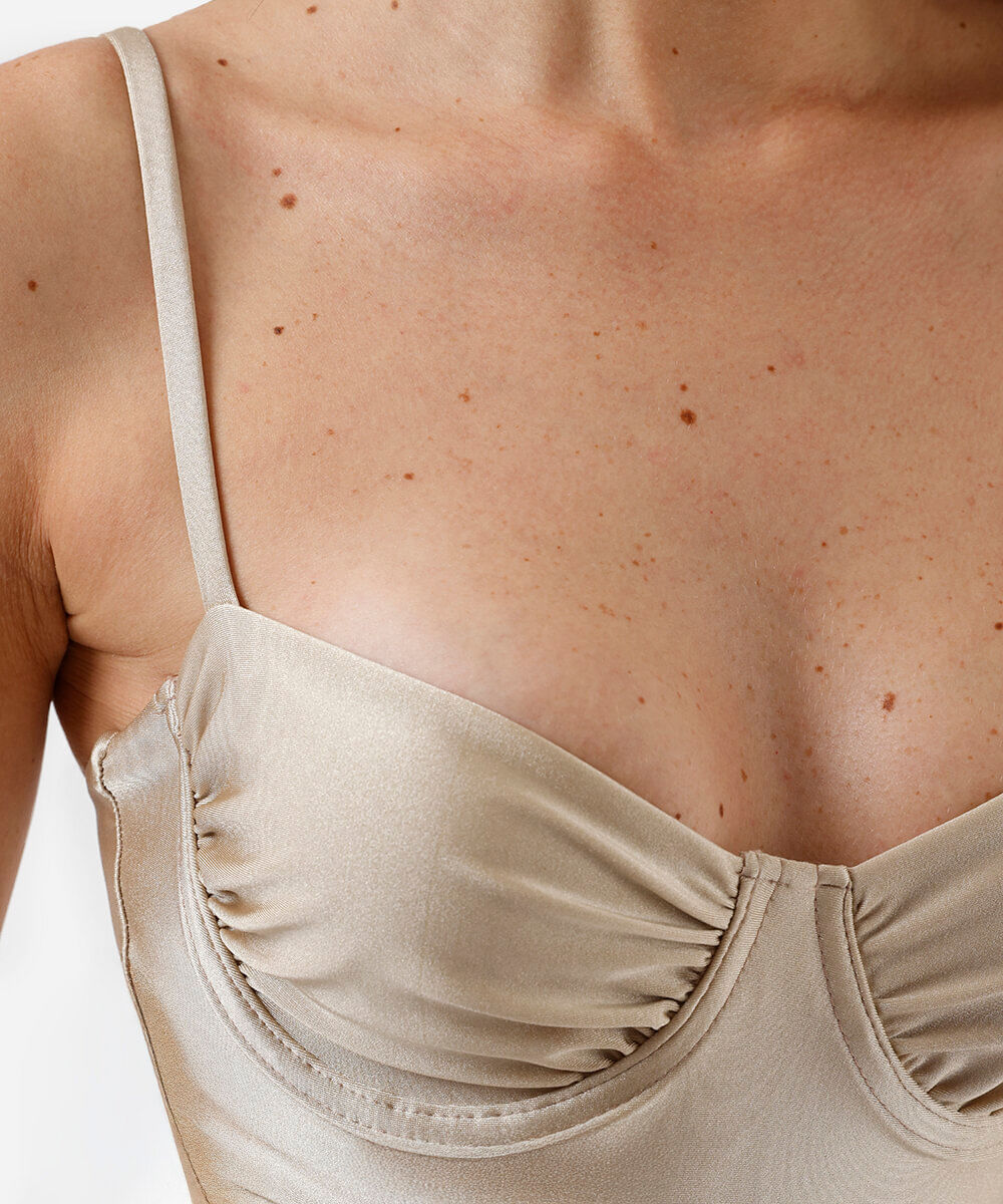 maiô meia taça feminino franzido acetinado bege