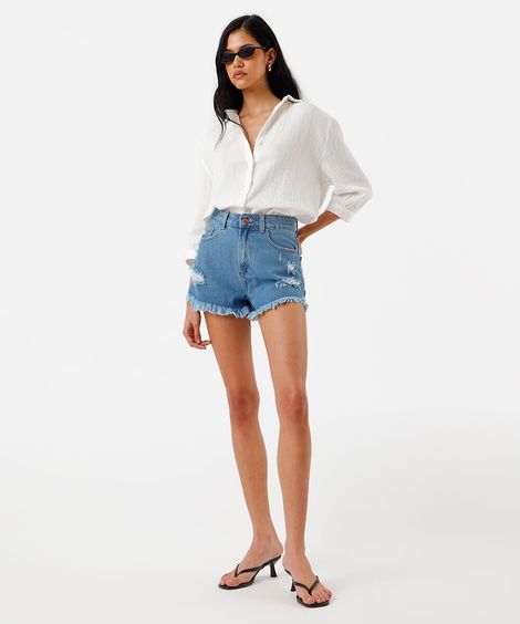 short feminino jeans destroyed azul
