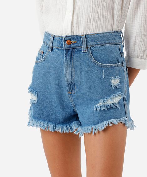 short feminino jeans destroyed azul