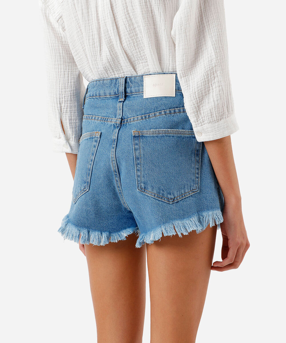 short feminino jeans destroyed azul