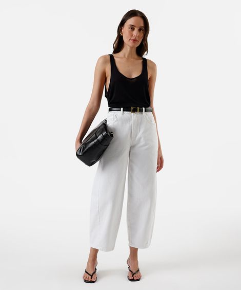 calça barrel feminina de sarja com recorte  off white